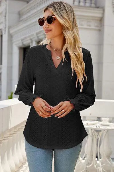 Eyelet Notched Lantern Sleeve T-Shirt Women's T-Shirts - Tophatter Daily Deals